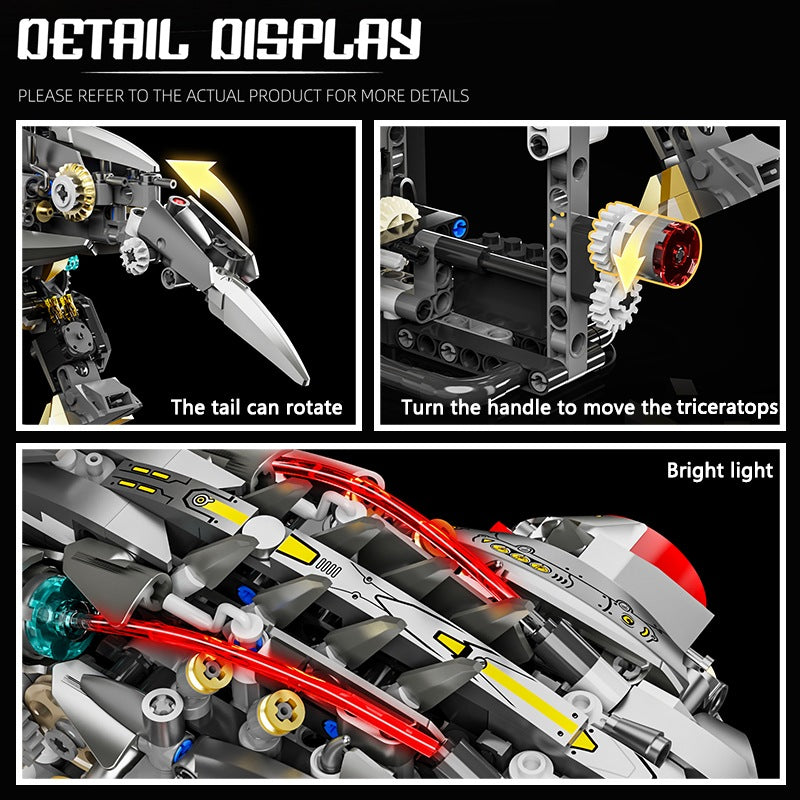 Mechanical Triceratops – MJI 13105 motorised building set – close-up panels - rotating tail, handle that moves the triceratops, bright light