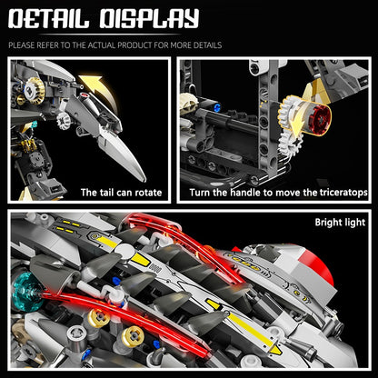 Mechanical Triceratops – MJI 13105 motorised building set – close-up panels - rotating tail, handle that moves the triceratops, bright light
