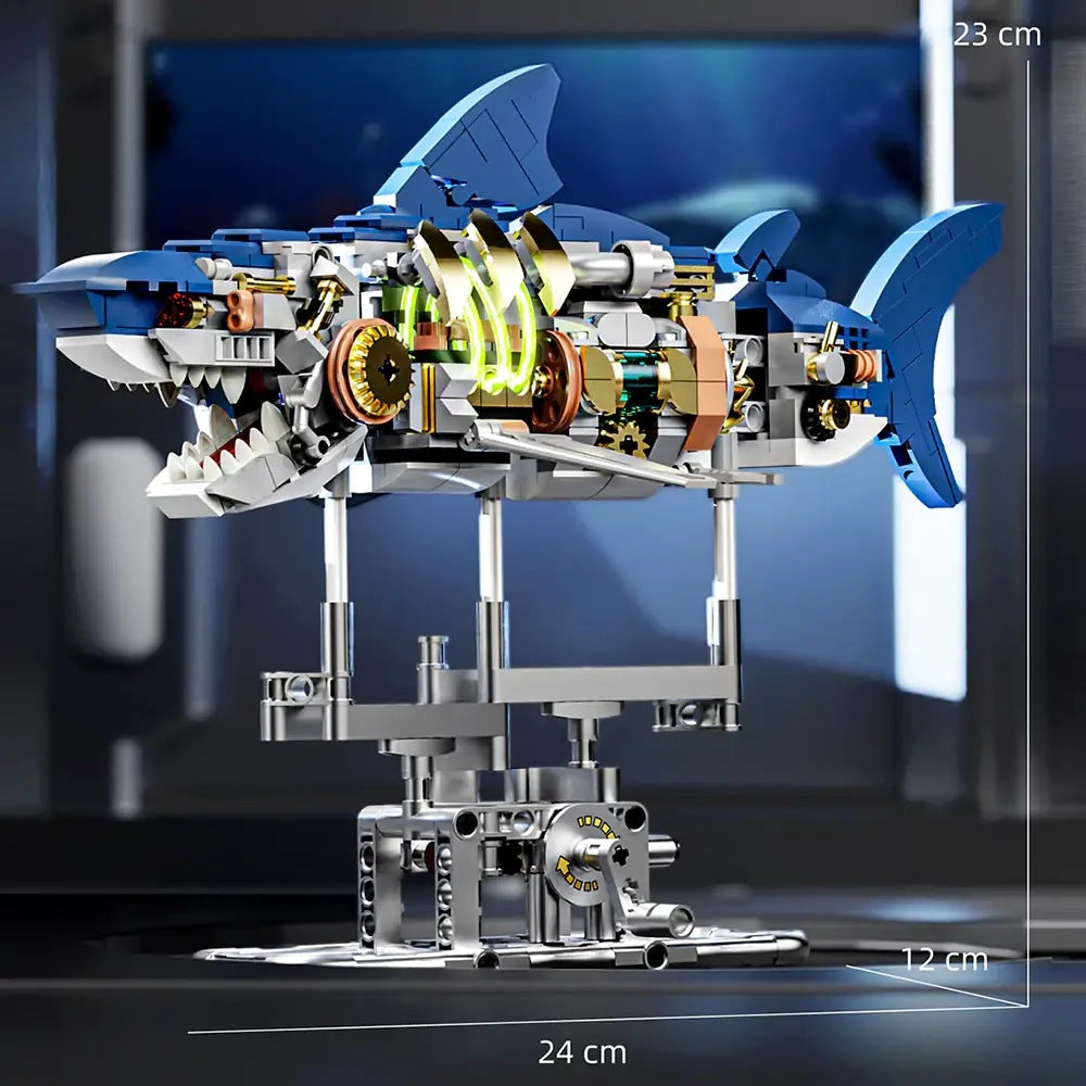 Mechanical Shark – MJI 13054 motorised building set – size diagram of the assembled model (24 x 12 x 23 cm)