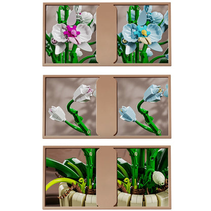 Orchid – MJI 13048 botanical building set – close-up panels comparing white and blue flower heads, buds and pot