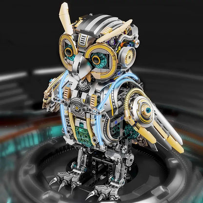Mechanical Cyber Owl – MJI 13094 building set with bonus motor – three-quarter studio view of the assembled owl