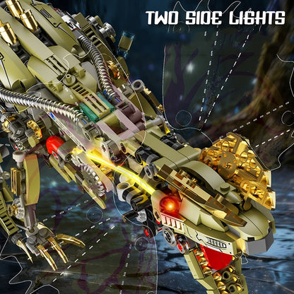 Mechanical Dilophosaurus – MJI 13101 motorised building set – head close-up with the side lights on