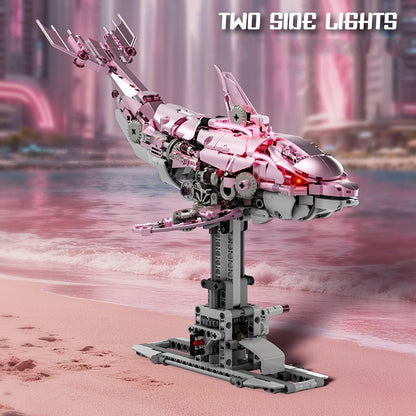 Mechanical Pink Dolphin – MJI 13098 motorised building set – dolphin with its lights on in a pink city scene