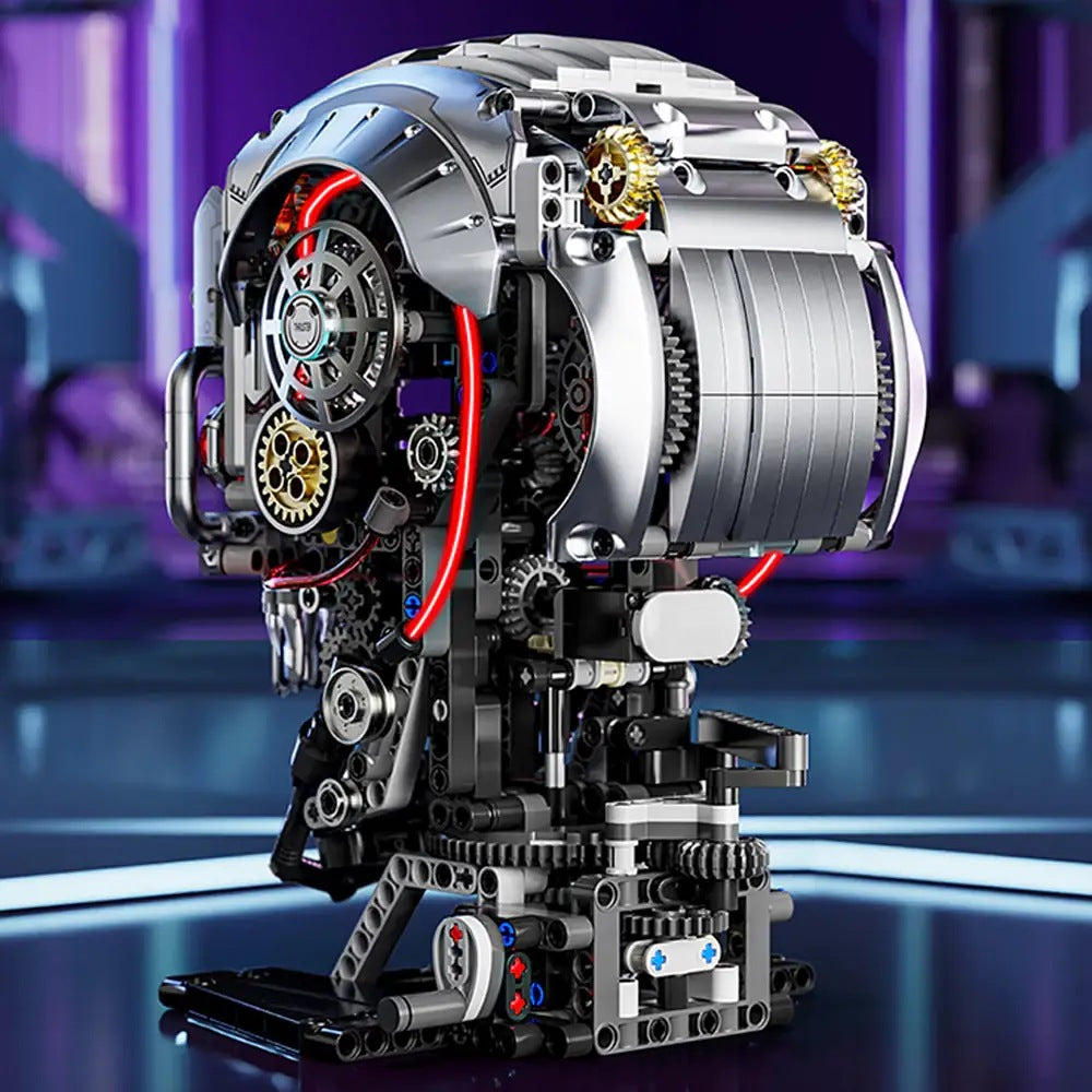 Mechanical Skull – MJI 13089 motorised building set – side view of the skull showing the exposed mechanism, sci-fi backdrop