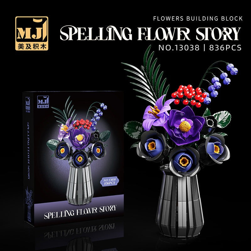 Purple Night Gilded Bouquet – MJI 13038 botanical building set – retail box beside the assembled bouquet