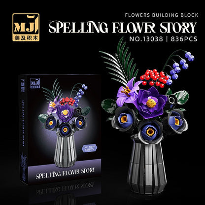 Purple Night Gilded Bouquet – MJI 13038 botanical building set – retail box beside the assembled bouquet