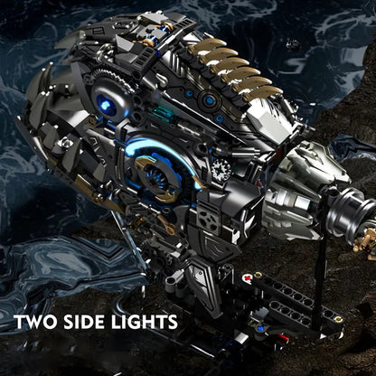 Mechanical Piranha – MJI 13092 motorised building set – piranha with both side lights on, dark backdrop