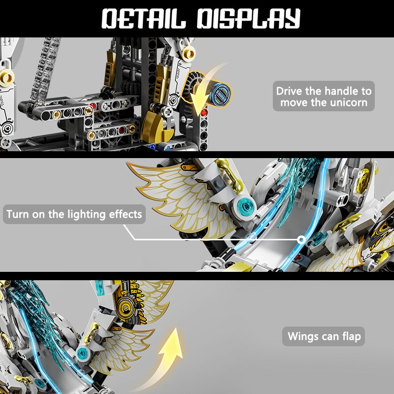 Mechanical Unicorn – MJI 13106 motorised building set – close-up panels - drive handle, lighting effect, flapping wings