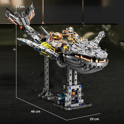 Mechanical Whale – MJI 13059 motorised building set – size diagram of the assembled whale on its crank stand (46 x 29 x 21 cm)