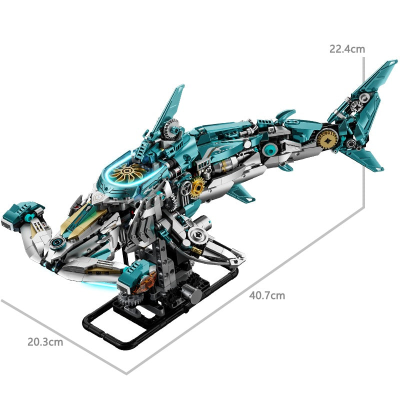Mechanical Hammerhead Shark – MJI 13154 motorised building set – size diagram of the assembled model (40.7 x 20.3 x 22.4 cm)