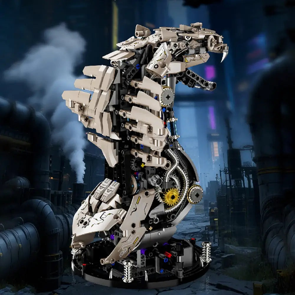 Mechanical King Cobra – MJI 13095 motorised building set – cobra side view showing the coiled body, city backdrop