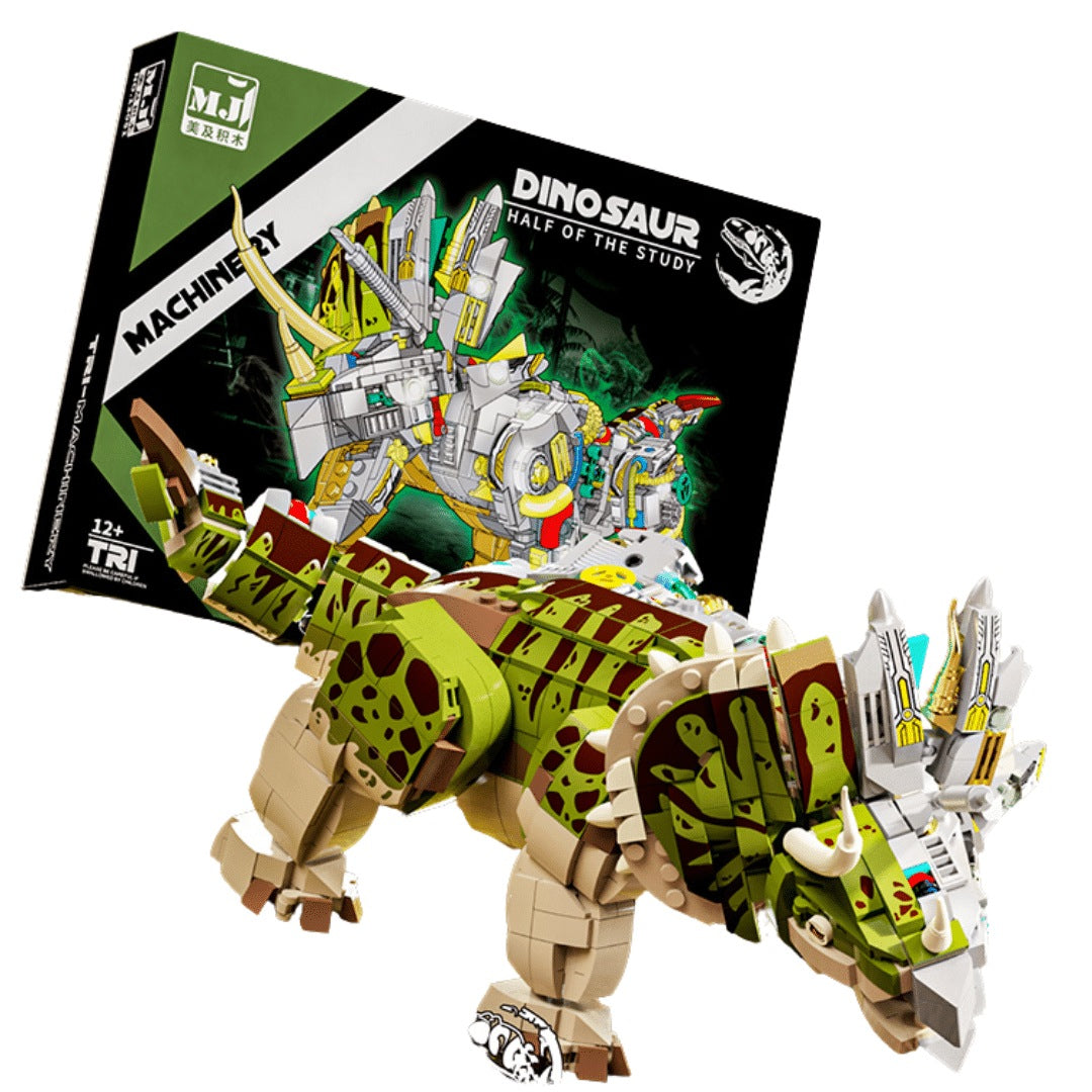 Semi-Mechanical Triceratops – MJI 13051 motorised building set – retail box behind the assembled triceratops, white background