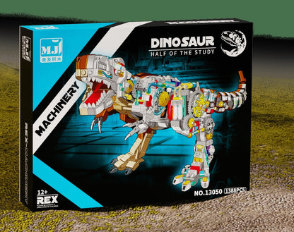 Semi-Mechanical T-Rex – MJI 13050 motorised building set – retail box front standing on ground, green/grass backdrop