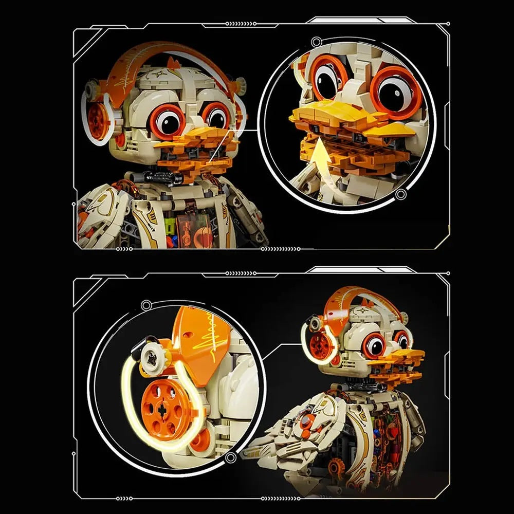 Mechanical Duck – MJI 13103 motorised building set – close-up panels of the head/eyes and the transparent chest mechanism