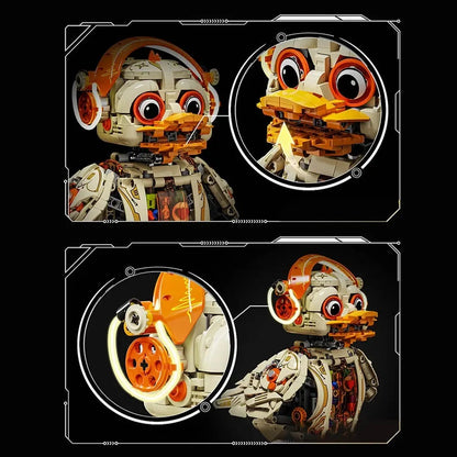 Mechanical Duck – MJI 13103 motorised building set – close-up panels of the head/eyes and the transparent chest mechanism