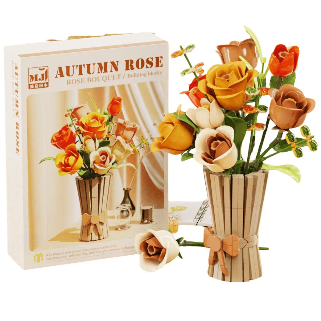 Gift-Bag Bouquet – MJI 13066 botanical building set – retail box beside the assembled bouquet, white background