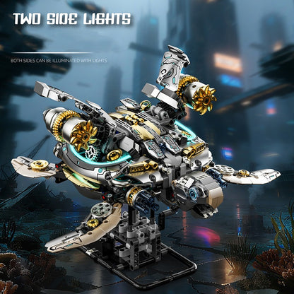 Mechanical Sea Turtle – MJI 13097 motorised building set – turtle with both side lights on, city backdrop