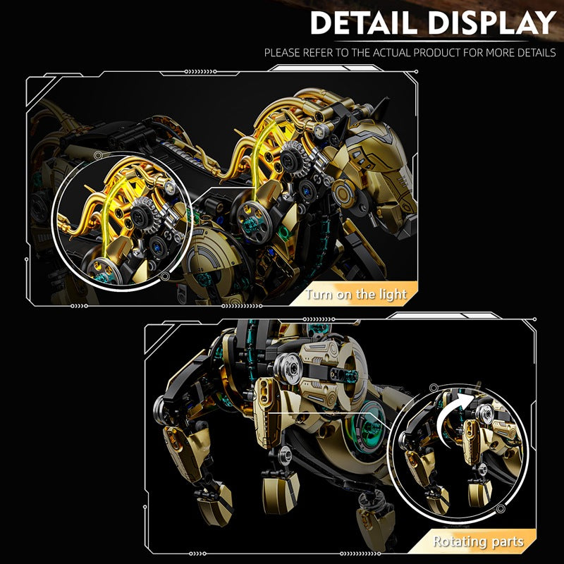 Mechanical Horse – MJI 13088 motorised building set – close-up panels (light on, rotating parts)