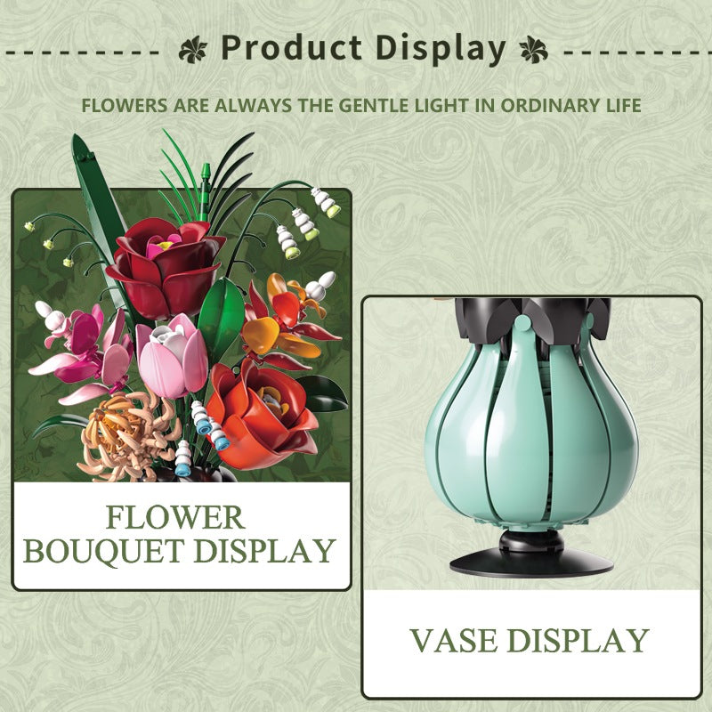 Pandora Bouquet – MJI 13069 botanical building set – bouquet display and empty vase display side by side