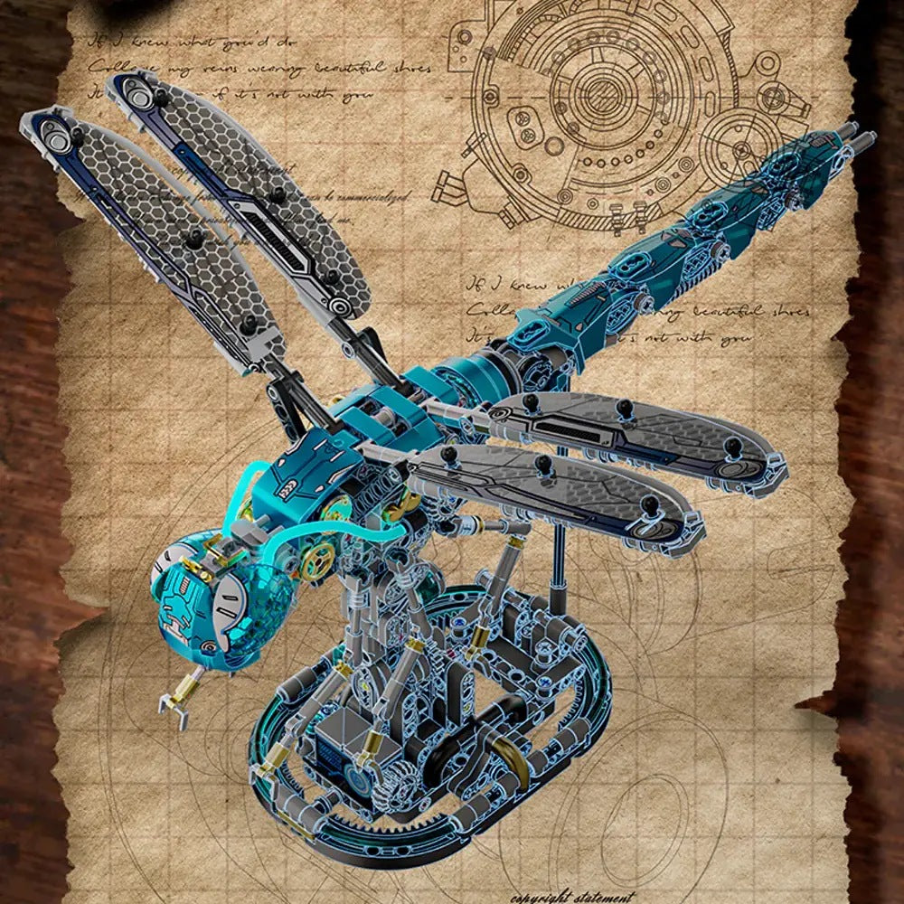 Mechanical Dragonfly – MJI 13086 motorised building set – assembled dragonfly on a design-sketch background