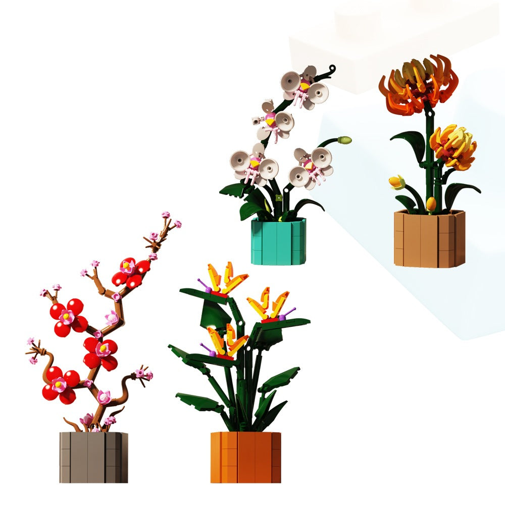 Flower Language Assortment B – MJI 13035 botanical building set – all 4 flower stems of the set together: orchid, chrysanthemum, plum blossom and bird of paradise