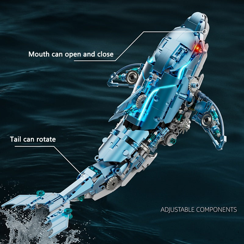 Mechanical Blue Dolphin – MJI 13099 motorised building set – swimming pose showing the opening mouth and rotating tail