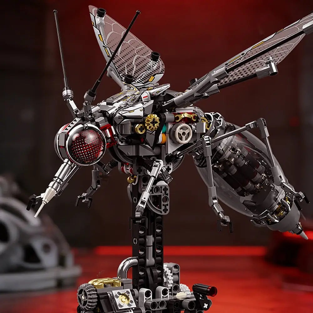 Mechanical Mosquito – MJI 13104 motorised building set – mosquito on its stand, red neon backdrop