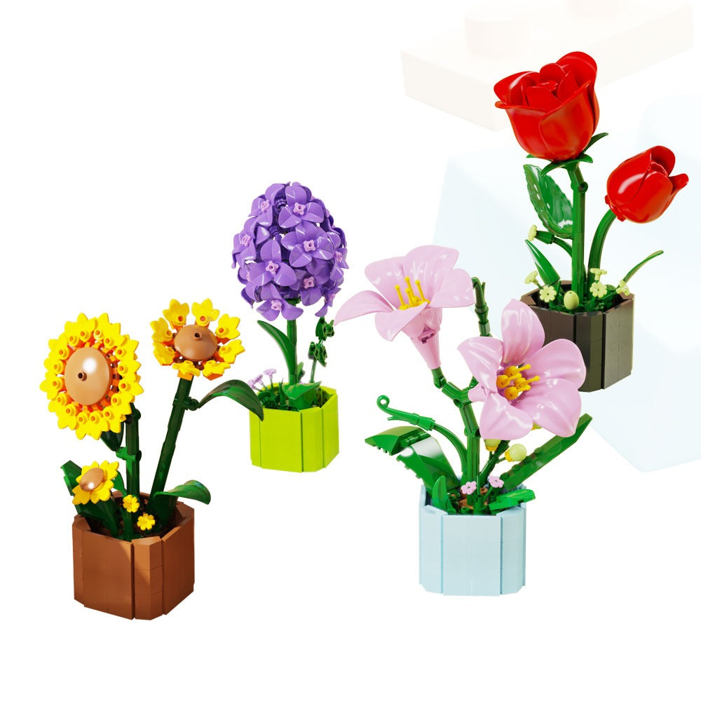 Flower Language Assortment A – MJI 13034 botanical building set – all 4 flower stems of the set together: sunflower, lily, rose and lilac