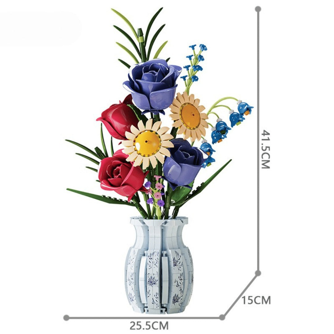 Blue & White Porcelain Bouquet – MJI 13067 botanical building set – bouquet on a white background with dimension lines (41.5 cm tall, 25.5 x 15 cm)