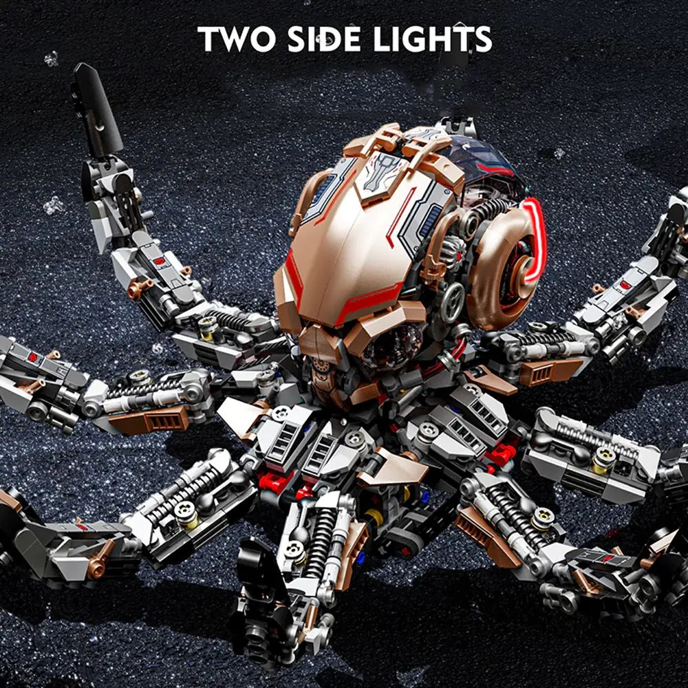 Mechanical Octopus – MJI 13085 motorised building set – close-up of the head and tentacles with the side lights on