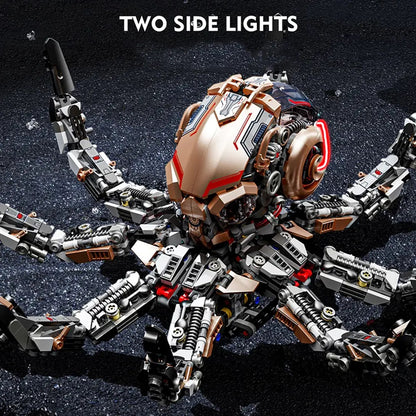 Mechanical Octopus – MJI 13085 motorised building set – close-up of the head and tentacles with the side lights on