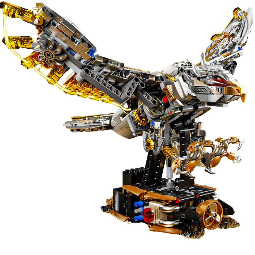 Mechanical Eagle – MJI 13084 motorised building set – assembled mechanical eagle, three-quarter side view on a white background