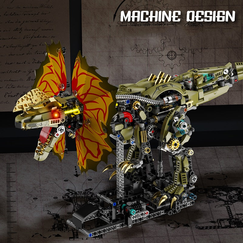 Mechanical Dilophosaurus – MJI 13101 motorised building set – dilophosaurus on a dark backdrop