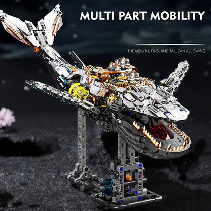 Mechanical Whale – MJI 13059 motorised building set – front three-quarter view with open jaw and moving fins