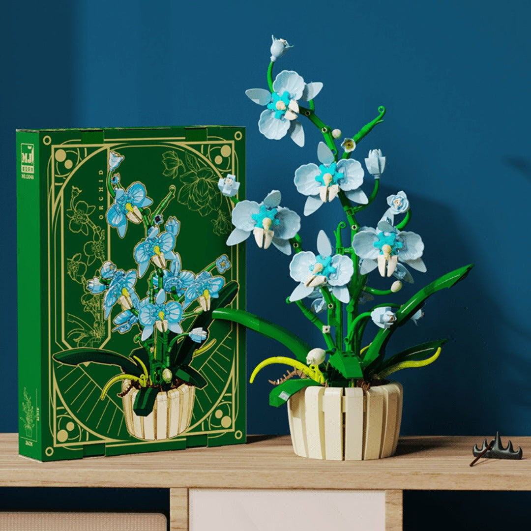 Orchid – MJI 13048 botanical building set – the orchid built in light blue (both colours are in the box), with blue-flower box artwork