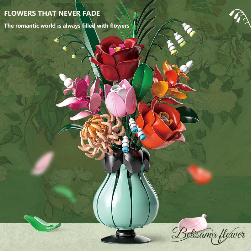 Pandora Bouquet – MJI 13069 botanical building set – assembled bouquet on a green background