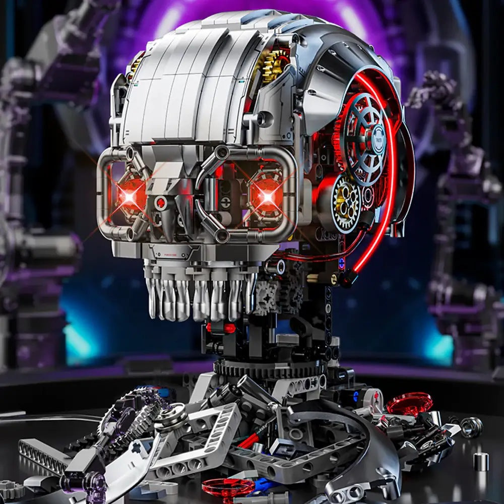 Mechanical Skull – MJI 13089 motorised building set – skull with loose and partly built pieces in front