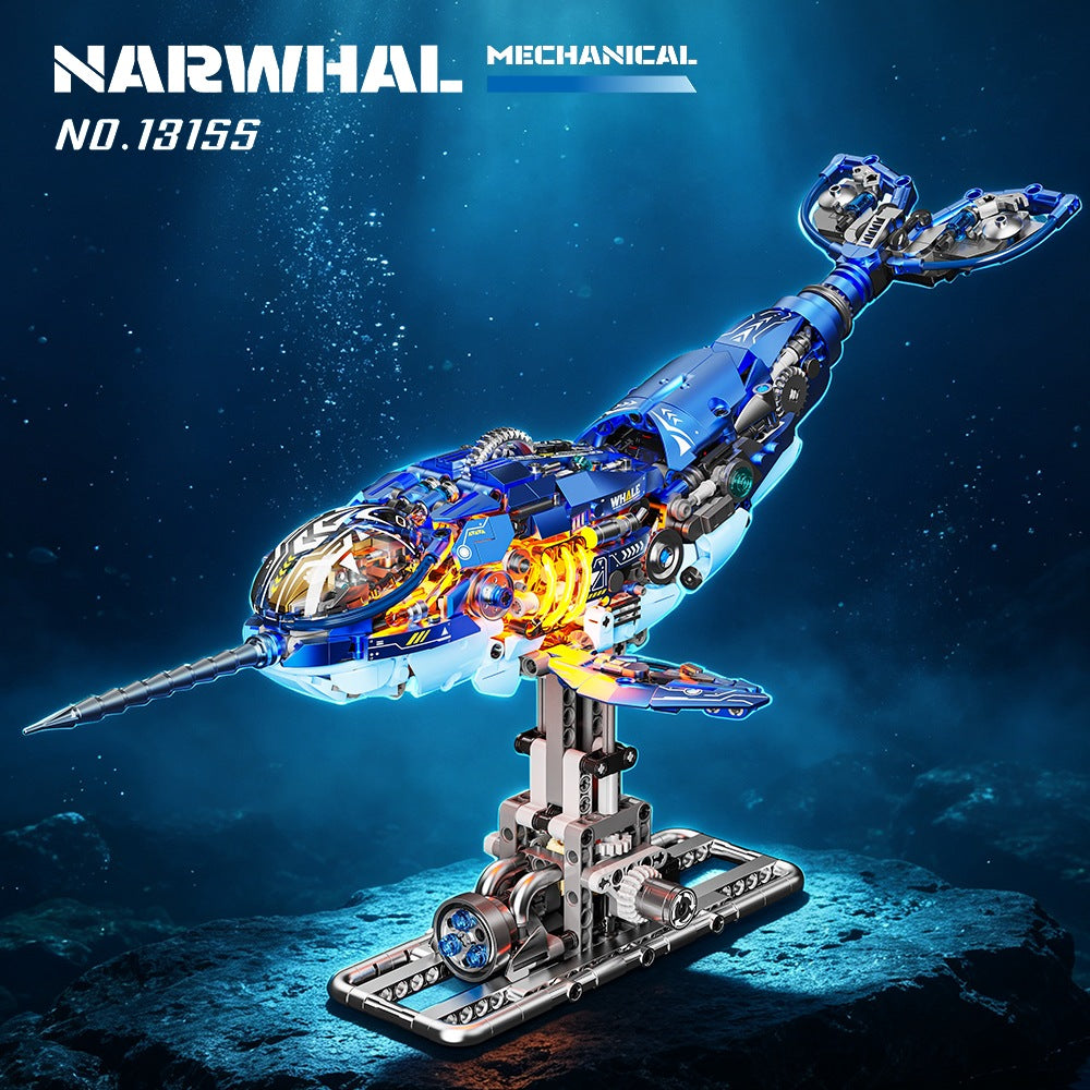 Mechanical Narwhal – MJI 13155 motorised building set – assembled narwhal in an underwater scene