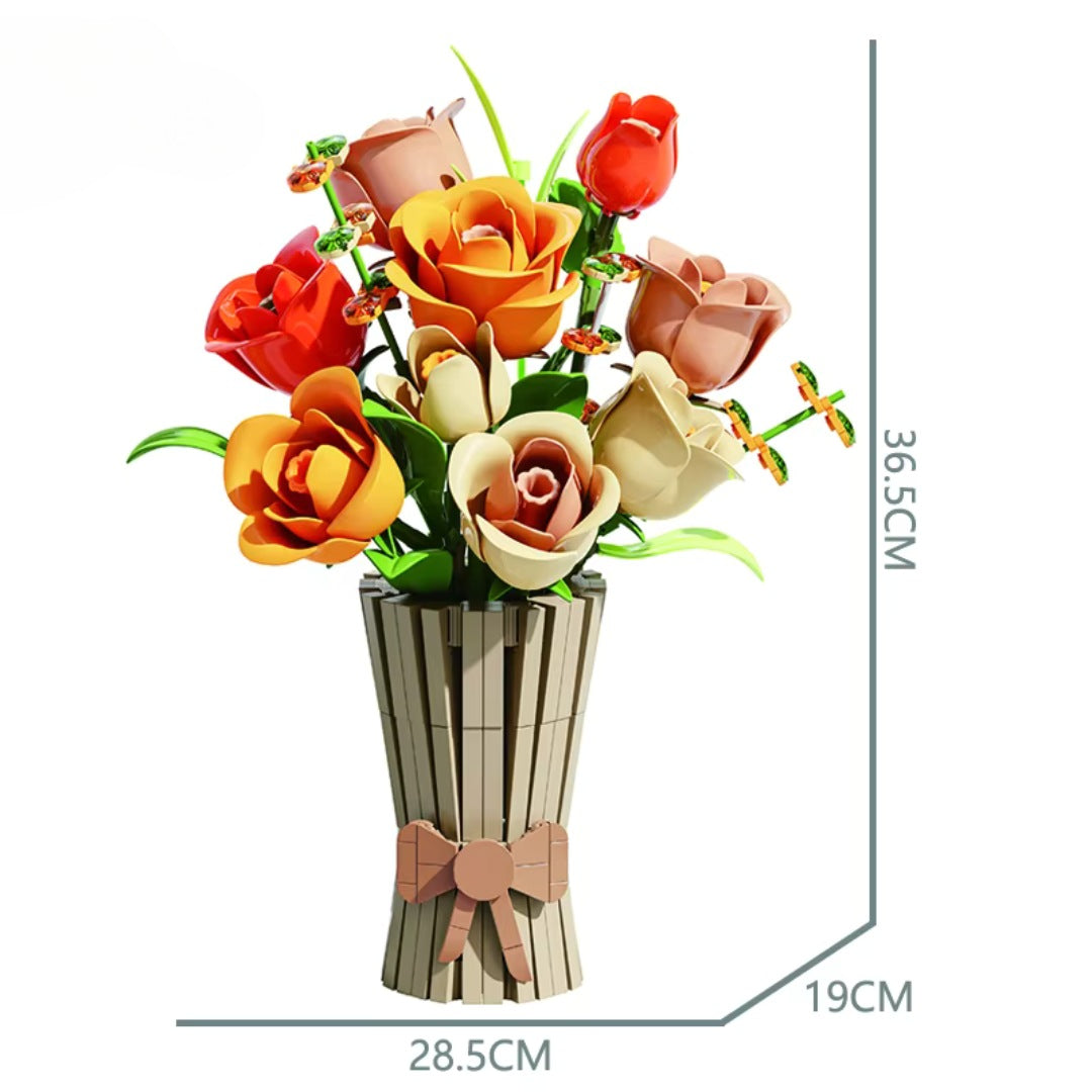 Gift-Bag Bouquet – MJI 13066 botanical building set – bouquet on a white background with dimension lines (36.5 cm tall, 28.5 x 19 cm)