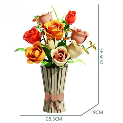 Gift-Bag Bouquet – MJI 13066 botanical building set – bouquet on a white background with dimension lines (36.5 cm tall, 28.5 x 19 cm)