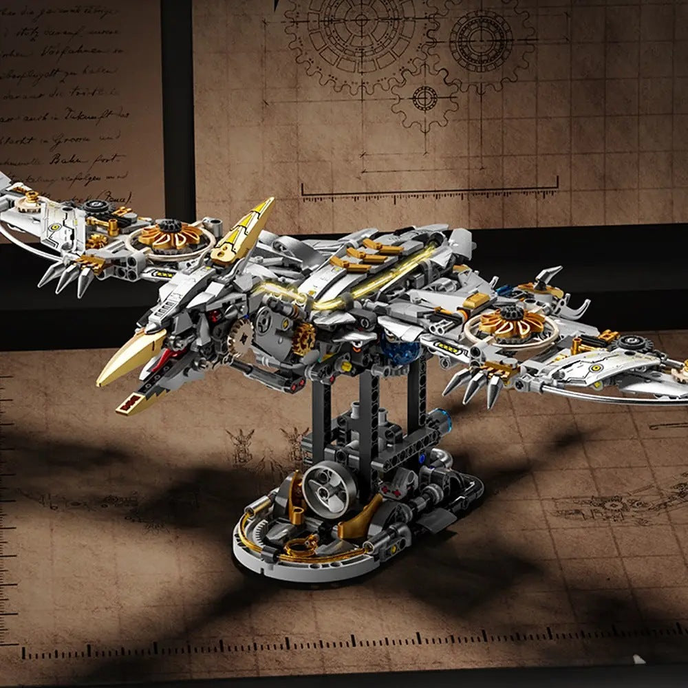 Mechanical Pterosaur – MJI 13107 motorised building set – side view showing stand and mechanism