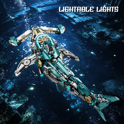 Mechanical Hammerhead Shark – MJI 13154 motorised building set – top view with the head light ring lit in an underwater scene