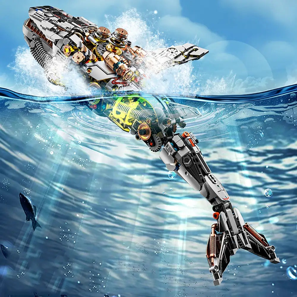 Mechanical Whale – MJI 13059 motorised building set – whale with its lights on breaching out of the sea