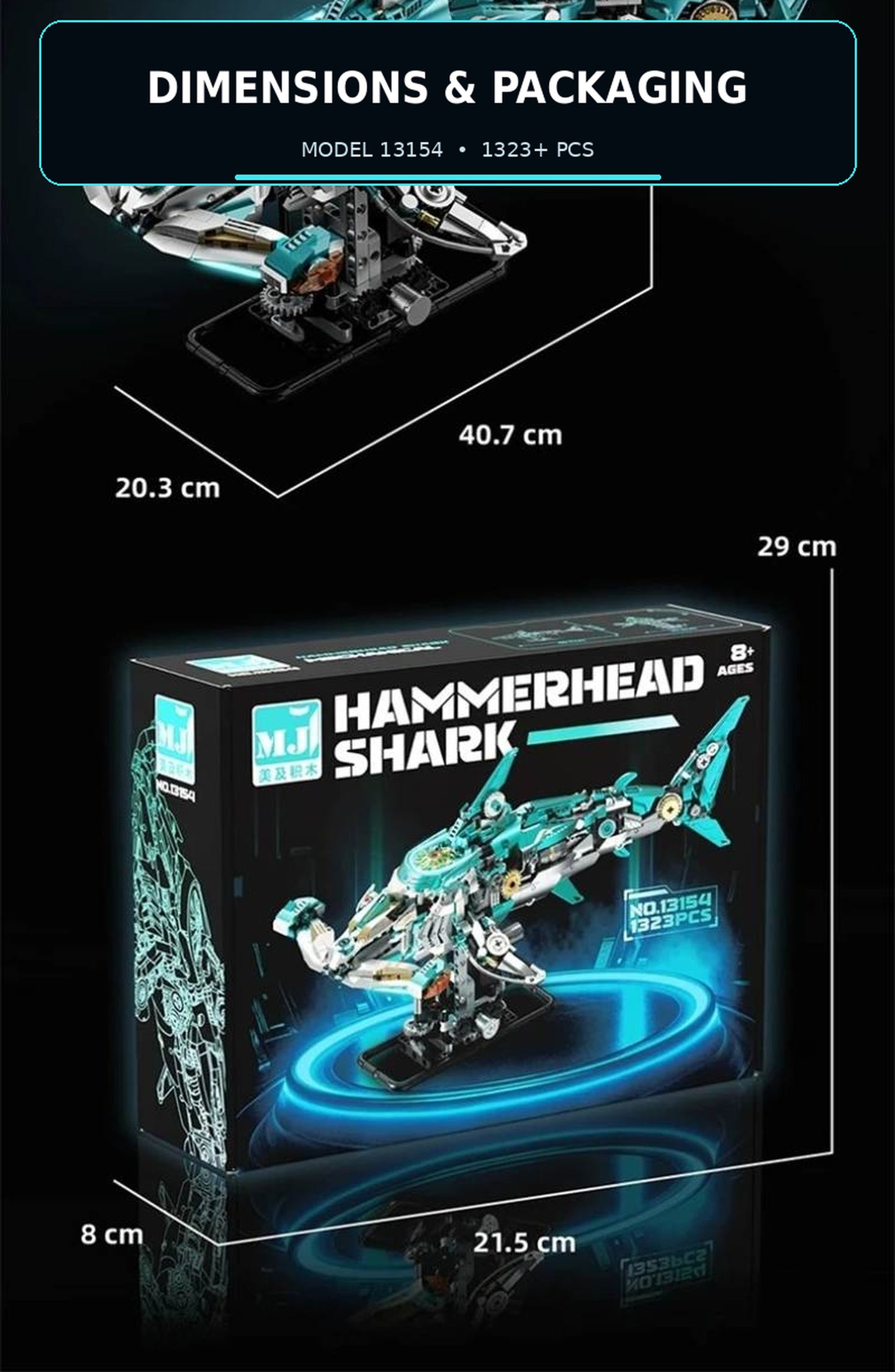 MJI 13154 Mechanical Hammerhead Shark – Motorized Light-Up 1323-Piece Building Set