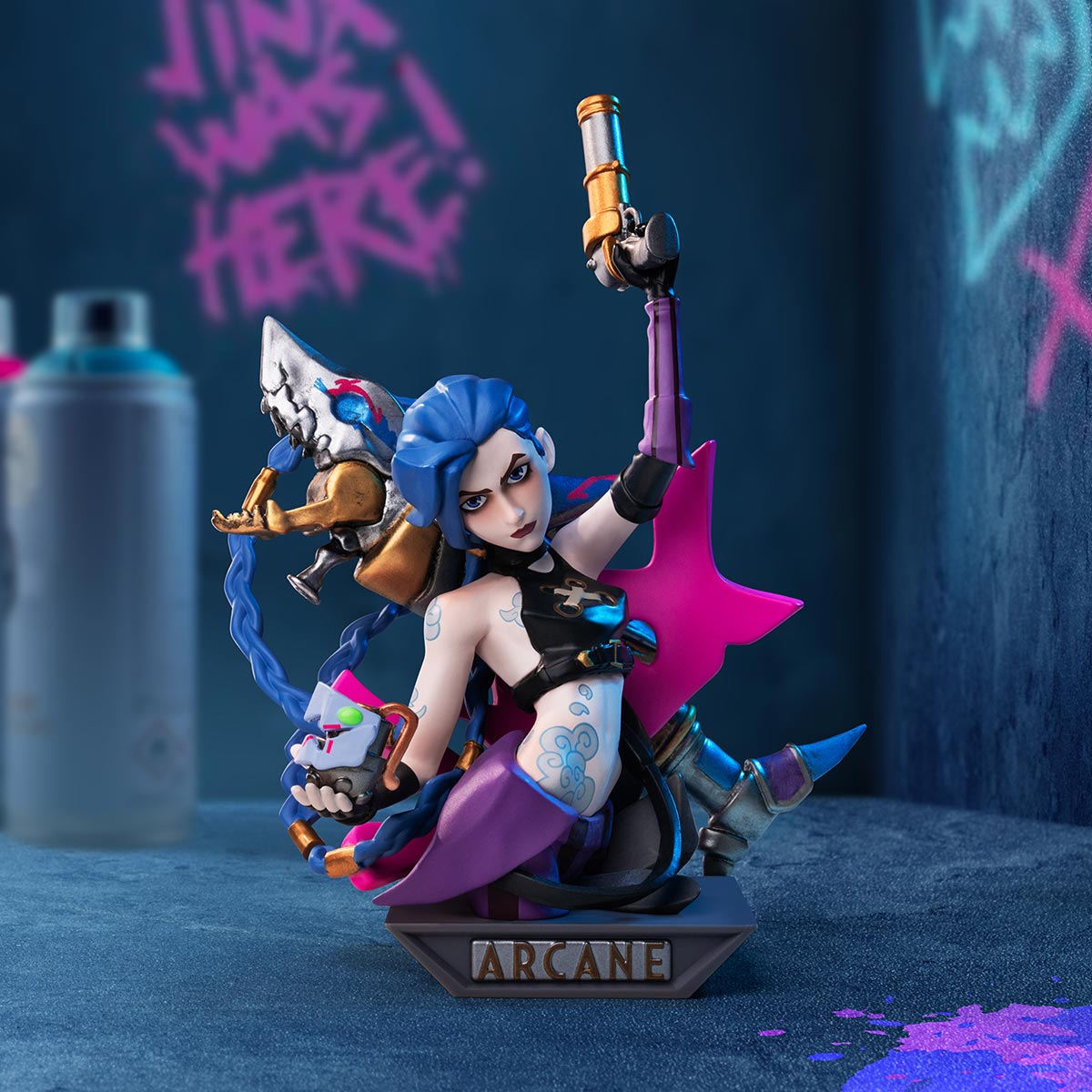 POP MART Arcane Series figure – Jinx display scene with graffiti background