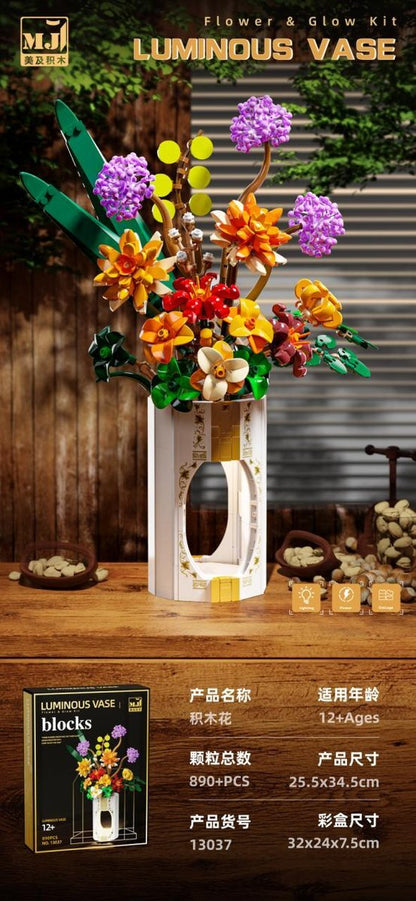 Half-Tilt Opulence Bouquet – MJI 13037 botanical building set – assembled model in a home setting with retail box inset