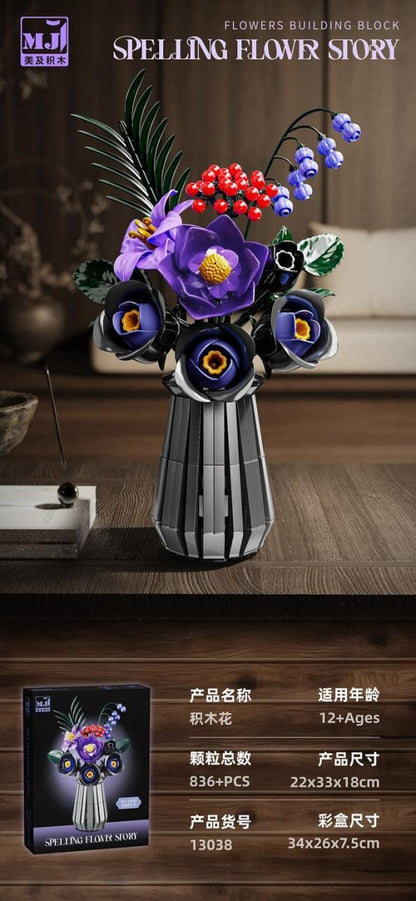 Purple Night Gilded Bouquet – MJI 13038 botanical building set – assembled model in a home setting with retail box inset