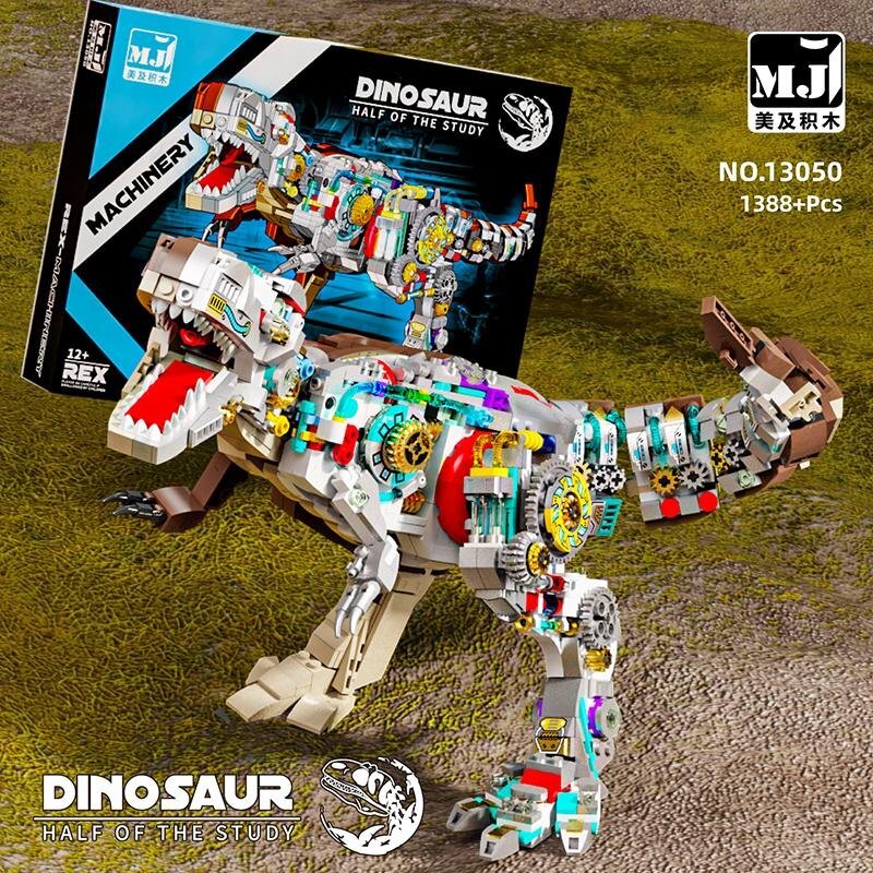 Semi-Mechanical T-Rex – MJI 13050 motorised building set – assembled model next to its retail box