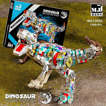 Semi-Mechanical T-Rex – MJI 13050 motorised building set – assembled model next to its retail box