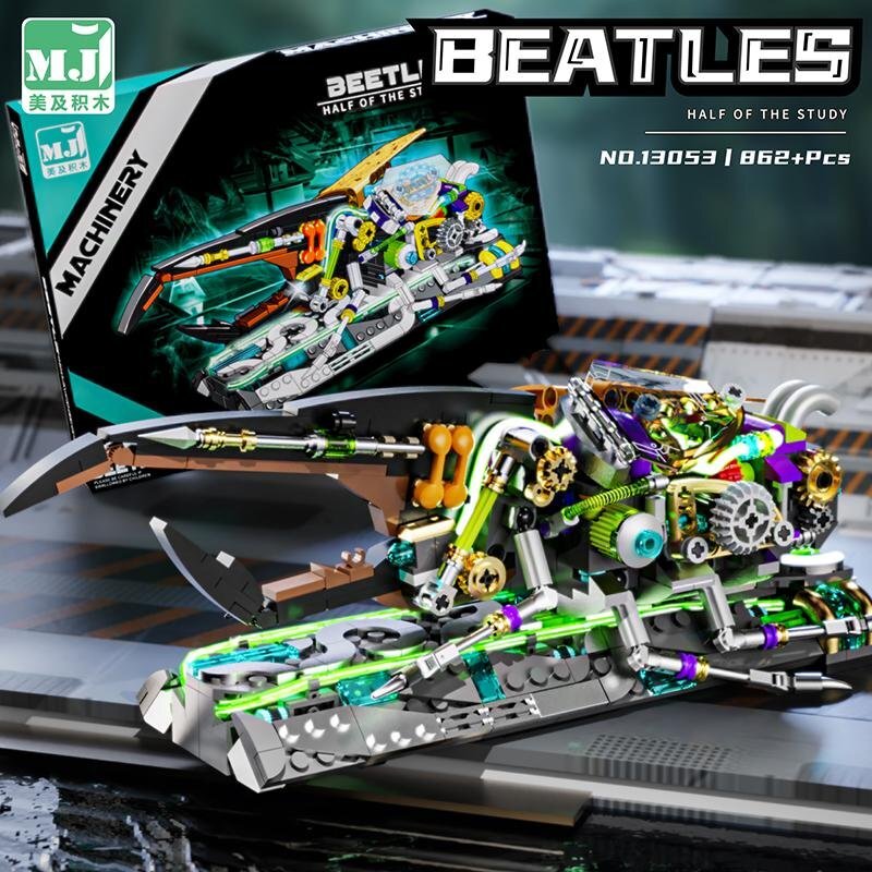 Mechanical Rhinoceros Beetle – MJI 13053 motorised building set – assembled model next to its retail box